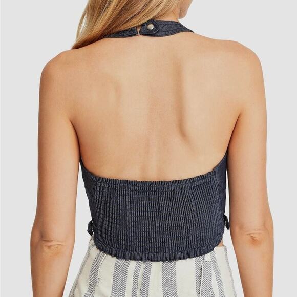 Free People Tightly Bound Cotton Cropped Top - Blue Denim - Size S - Picture 2 of 6